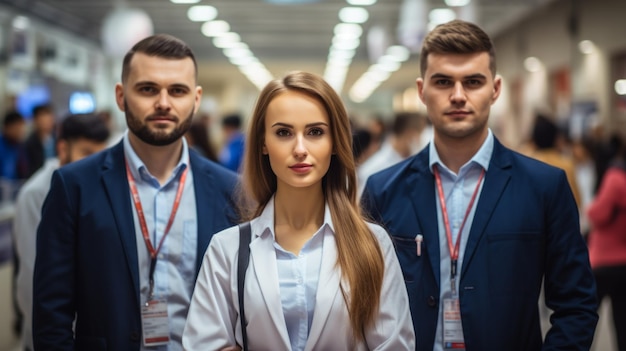 Tre giovani professionisti in abito che posano per una foto a una conferenza