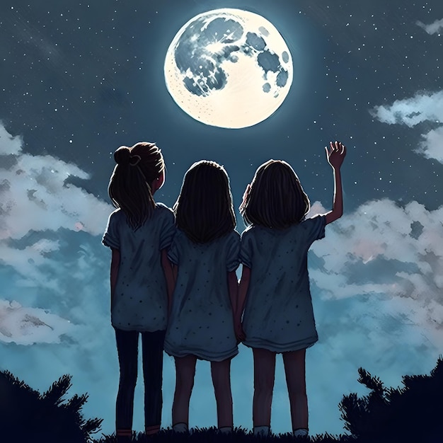 Tre giovani ragazze che guardano la Luna nel cielo notturno hanno generato l'arte della rete neurale