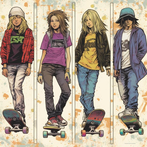 Tre giovani sono in piedi sugli skateboard in fila generativa ai