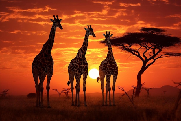 tre giraffe sono in piedi allo stato brado, con il sole alle spalle.