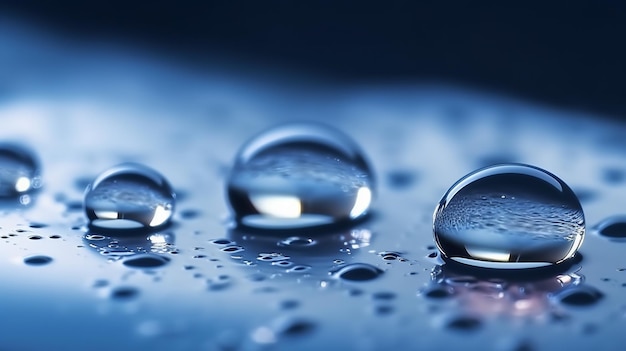 Tre gocce d'acqua su una superficie blu con la luce che brilla su di esse.