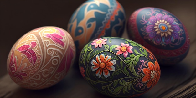 Tre gusci d'uovo con fiori su di essi sono dipinti con una varietà di colori generativi ai