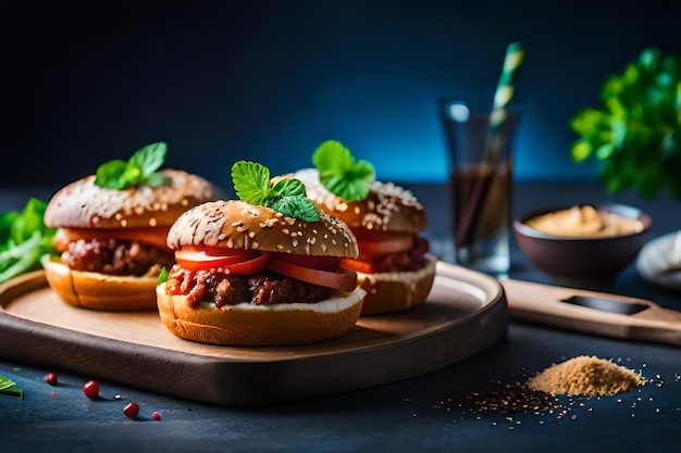 tre hamburger con carne e un bicchiere di succo su un tavolo.