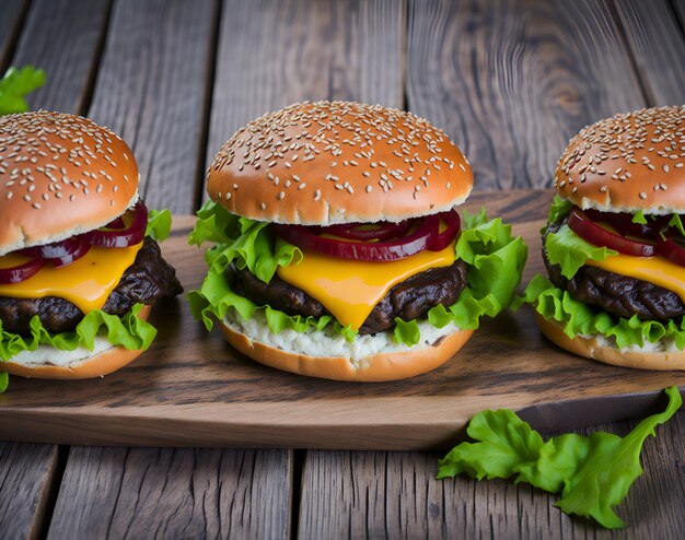 Tre hamburger su una tavola di legno con uno sfondo di legno