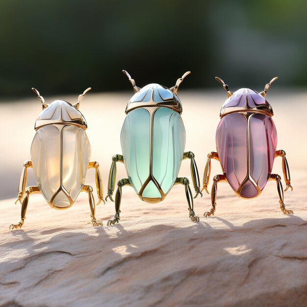 tre insetti di vetro colorati seduti su un pezzo di legno generativo ai