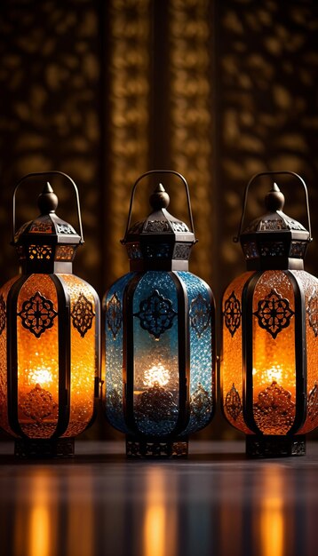tre lanterne con candele brillano di notte nel concetto oscuro del Ramadan