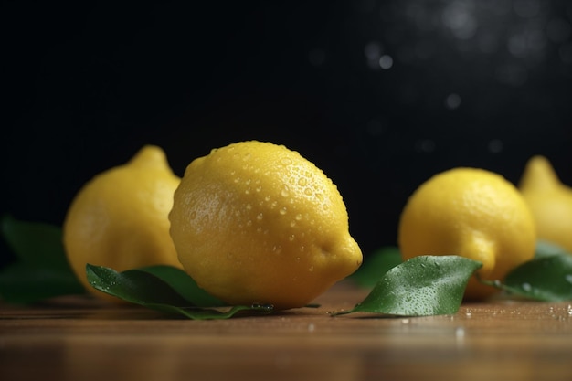 Tre limoni su un tavolo con uno sfondo nero