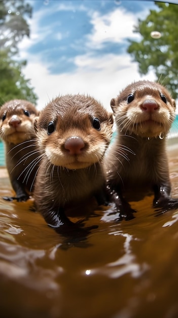 Tre lontre in una pozza d'acqua