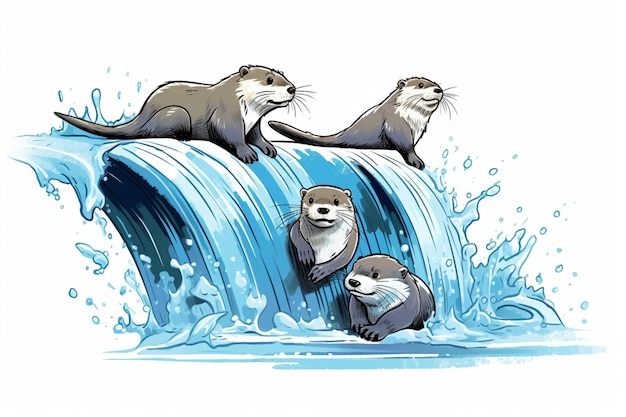 tre lontre stanno nuotando in una cascata con l'acqua che spruzza generativa ai