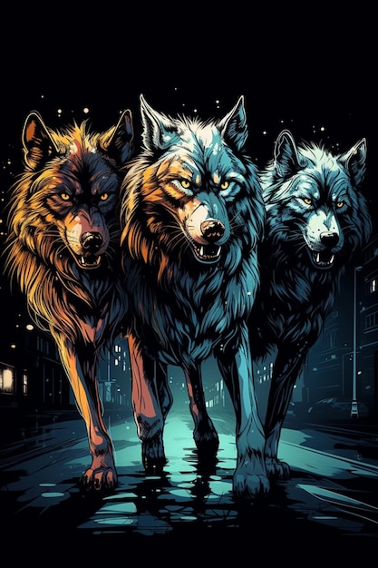 Tre lupi in una strada buia