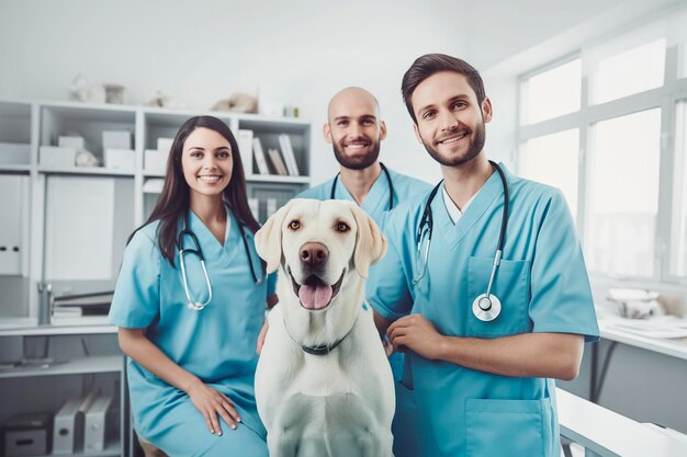 Tre medici veterinari con un cane Labrador nell'ufficio medico generativa AI