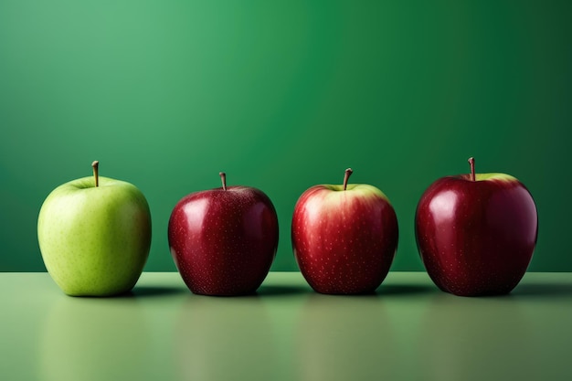 Tre mele di diversi colori allineate su un tavolo verde