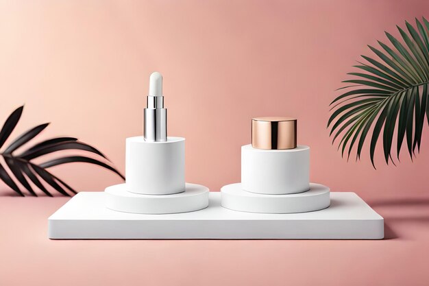 Tre mockup di prodotti cosmetici su podi geometrici Sfondo per la presentazione di cosmetici