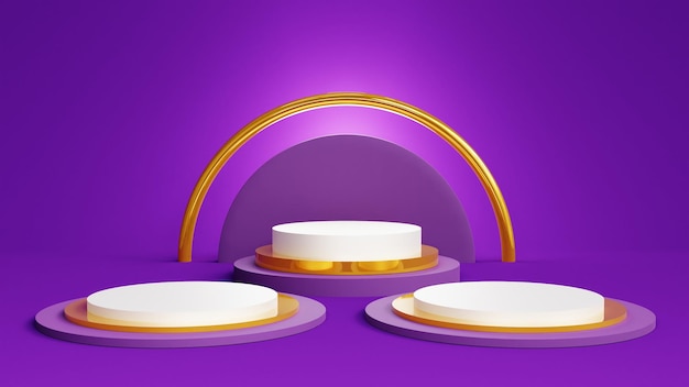 Tre moderni podio 3D con sfondo elemento oro per la visualizzazione del prodotto