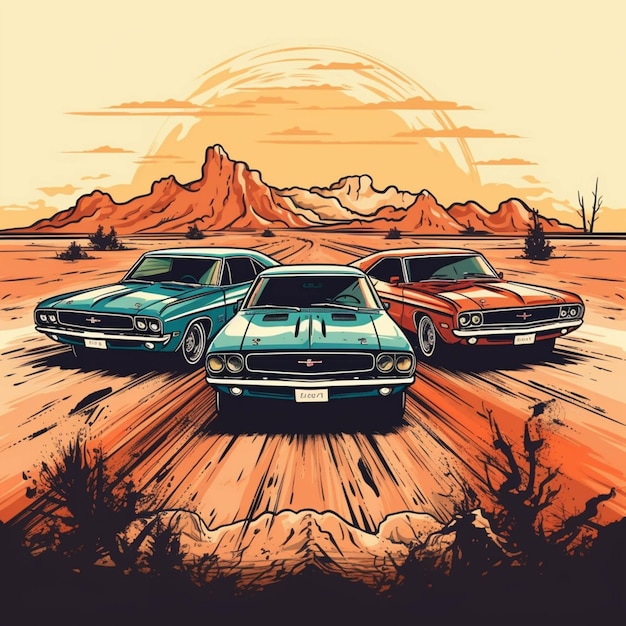 Tre muscle car classiche che guidano su una strada sterrata nel deserto generativo ai