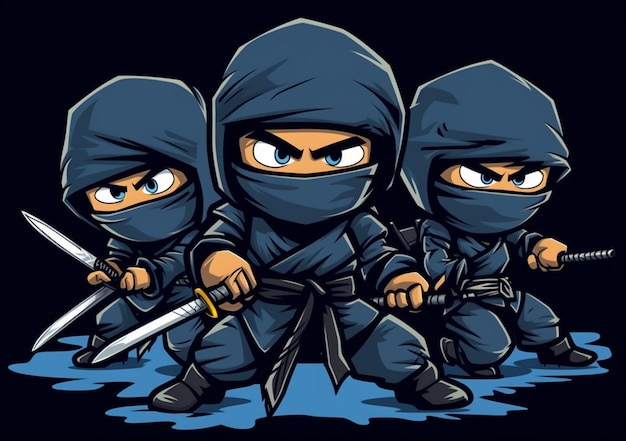 Tre ninja con le spade e uno sfondo nero generativo ai