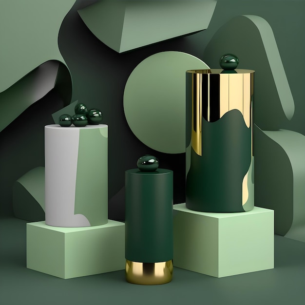 Tre oggetti verdi e oro sono su uno sfondo verde con una scatola bianca e nera.