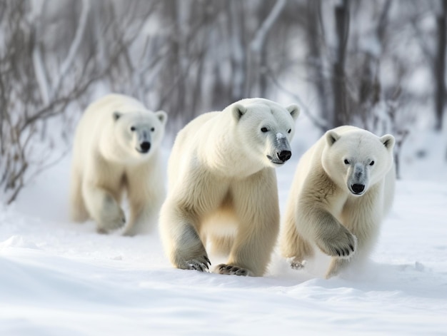 Tre orsi polari camminano nella neve.