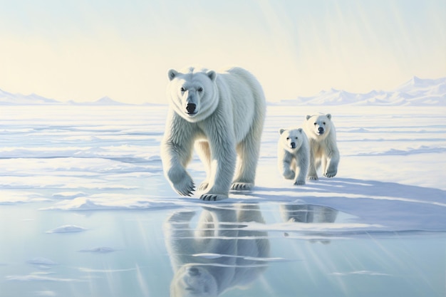 Tre orsi polari sul ghiaccio a nord di Svalbard, Norvegia artica