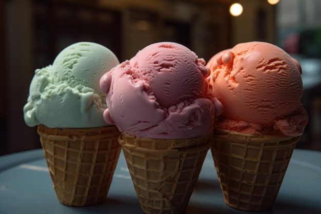 Tre palline di gelato siedono in fila su un tavolo.