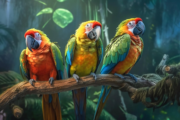 Tre pappagalli colorati si siedono su un ramo IA generativa