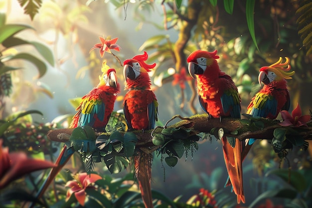 tre pappagalli colorati sono seduti su un ramo con il sole che splende attraverso le foglie