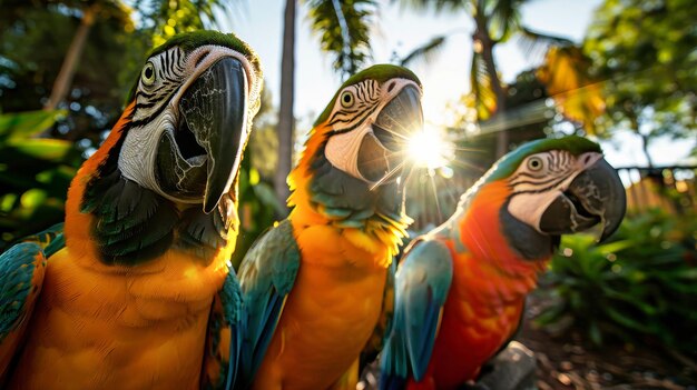 Tre pappagalli vibranti di diversi colori in piedi fianco a fianco in fila