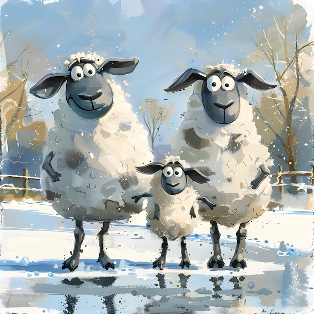 Tre pecore raffigurate in un paesaggio innevato in un dipinto