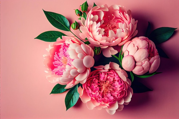 Tre peonie rosa con foglie verdi su sfondo rosa AI generativo