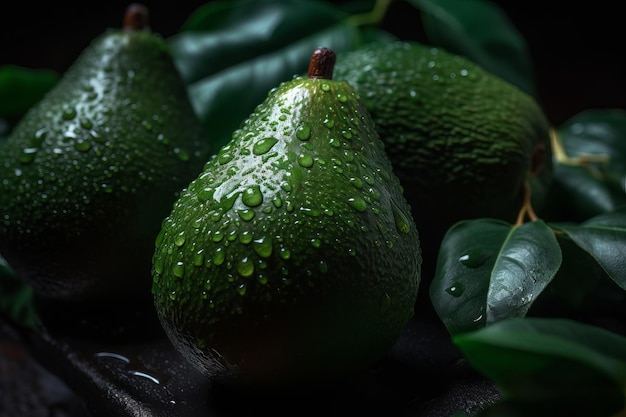 Tre pere verdi con gocce d'acqua su di esse siedono su una superficie nera.