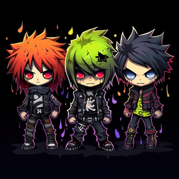 tre personaggi anime, uno dei quali indossa una giacca e l'altro ha i capelli verdi.