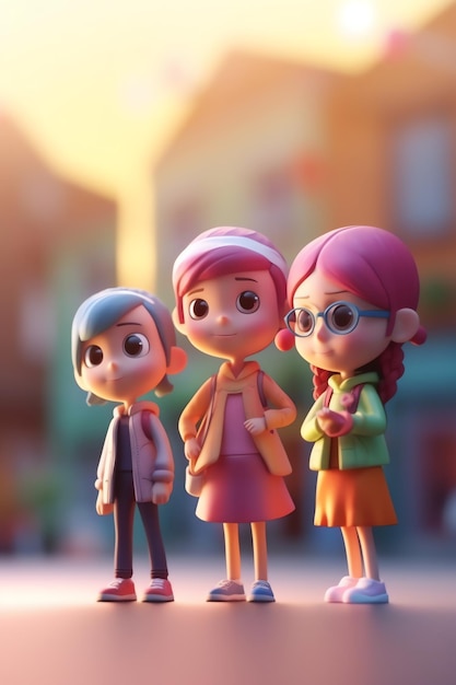 Tre personaggi dei cartoni animati stanno in fila, uno di loro ha il naso rosa e l'altro ha il naso rosa.