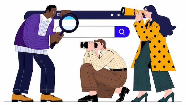Tre personaggi esplorano con un telescopio a lente d'ingrandimento e un binocolo su uno sfondo vibrante