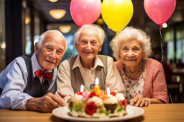 Tre persone anziane sedute a un tavolo con una torta e cupcake davanti a loro con un compleanno