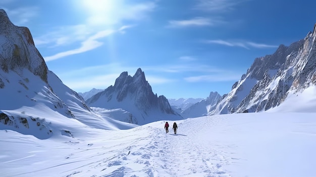 Tre persone che camminano nella neve con il sole che splende su di loro.