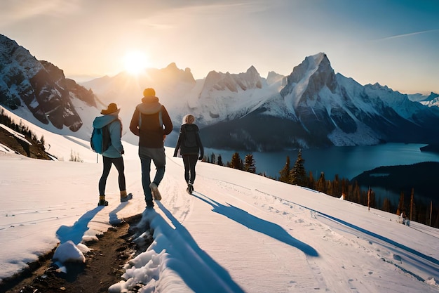 Tre persone che camminano nella neve con le montagne sullo sfondo