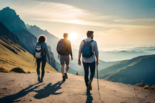 Tre persone che camminano su un sentiero di montagna con il sole che tramonta dietro di loro