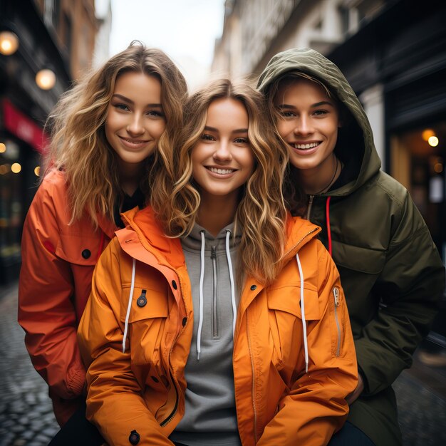 Tre persone che posano per una foto con la ragazza con il cappuccio.