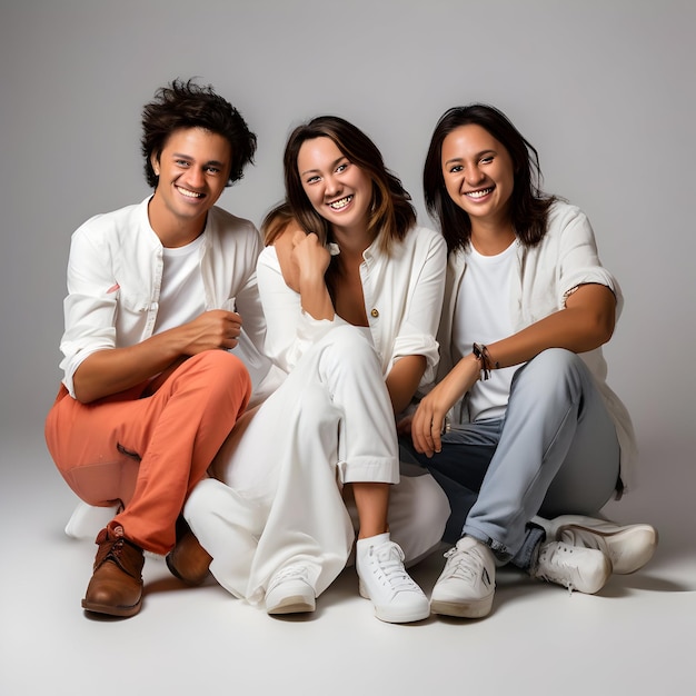 tre persone che posano per una foto con uno che indossa una camicia bianca che dice zam