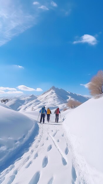 Tre persone che sciano giù da una montagna innevata con un cielo blu dietro di loro.