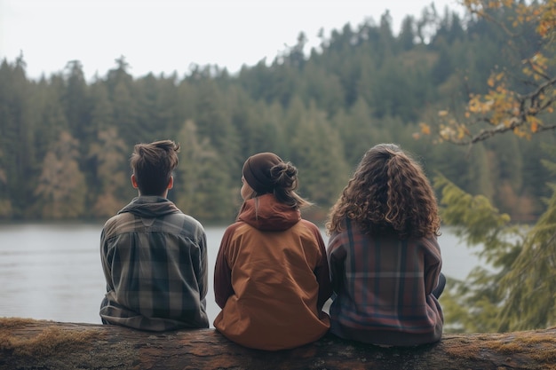 tre persone di varie etnie a schiena sedute su un tronco d'albero foresta e lago nel