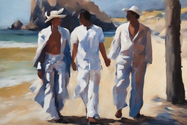 tre persone fluide camminano a mano sulla spiaggia, pittura romantica aperta di razza mista, relazione d'amore di genere