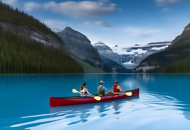 Tre persone in canoa in un lago sullo sfondo di belle montagne