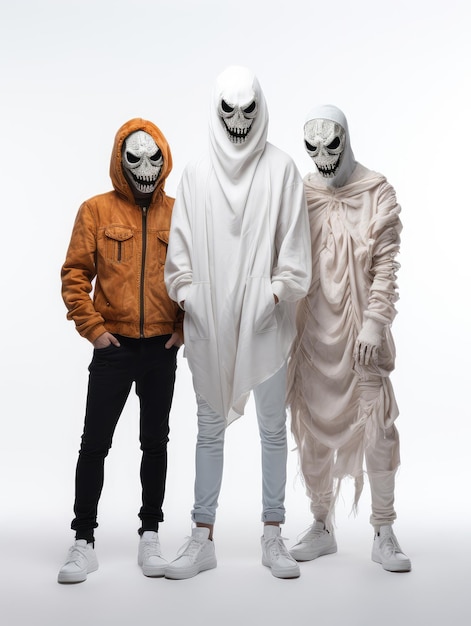 Tre persone in costumi di Halloween isolate su uno sfondo bianco