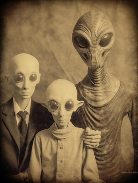 tre persone posano con un inquietante alieno e alieno.