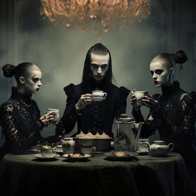 tre persone sono sedute a un tavolo con tazze di tè e un lampadario