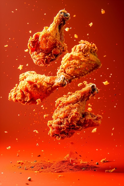 Tre pezzi di pollo fritto stanno volando nell'aria.