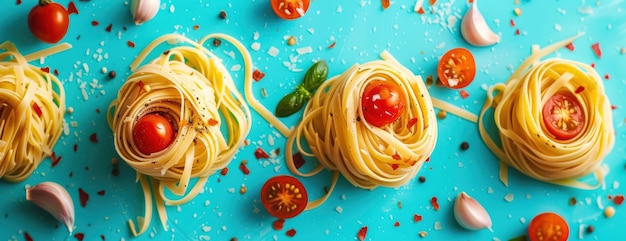 Tre pezzi di spaghetti con pomodori e aglio su superficie blu