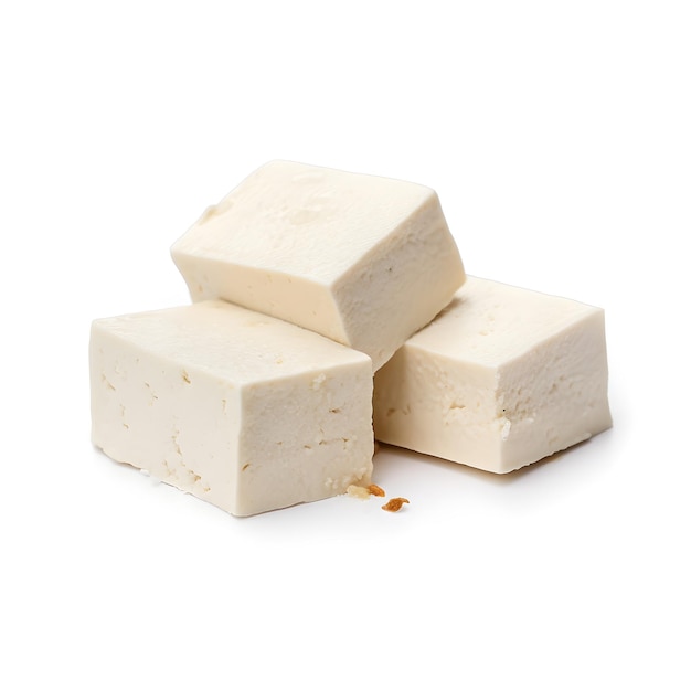 Tre pezzi di tofu sono impilati uno sopra l'altro.