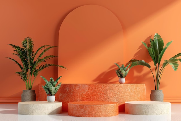 Tre piante in vaso su basi di cemento contro un muro arancione
